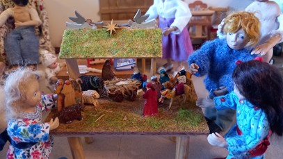 A picture of a new addition to the Montford Diorama for 2021 showing children gathered around a nativity scene